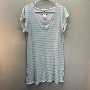 Earth Angels Nightgown Sz M Striped Short Sleeve Lace Up Cottagecore Sleep Shirt